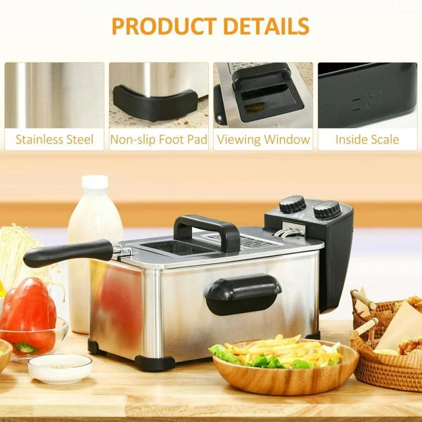 Stainless steel deep fat fryer with viewing window and non-slip feet, black housing