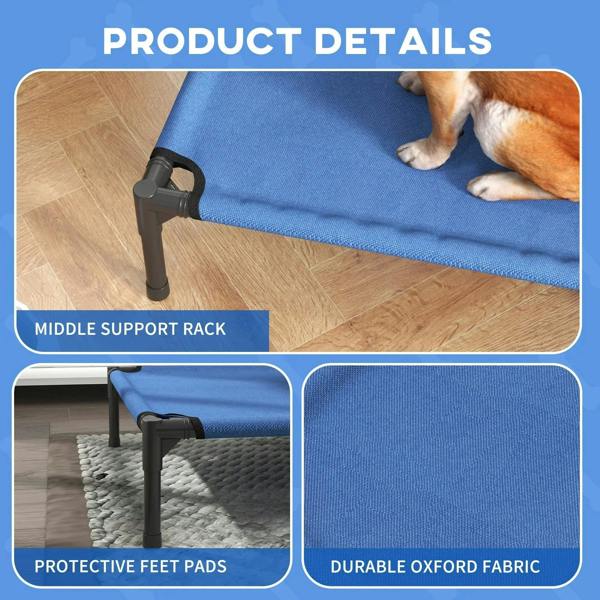 Blue elevated dog bed detail with middle support rack and protective corner pads