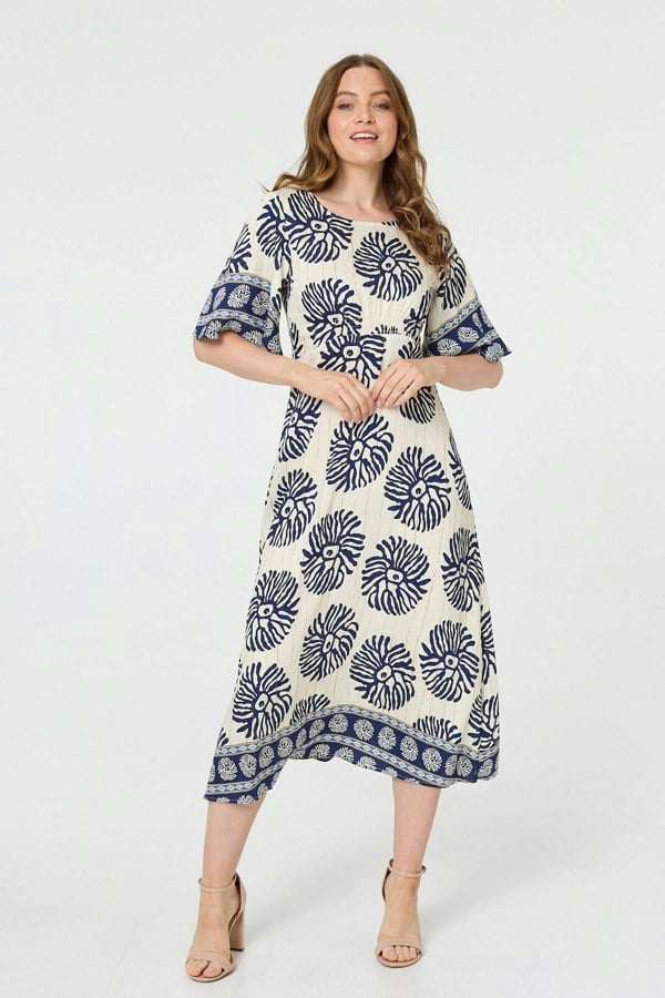 Navy | Floral Flared Sleeve Ruched Midi Dress