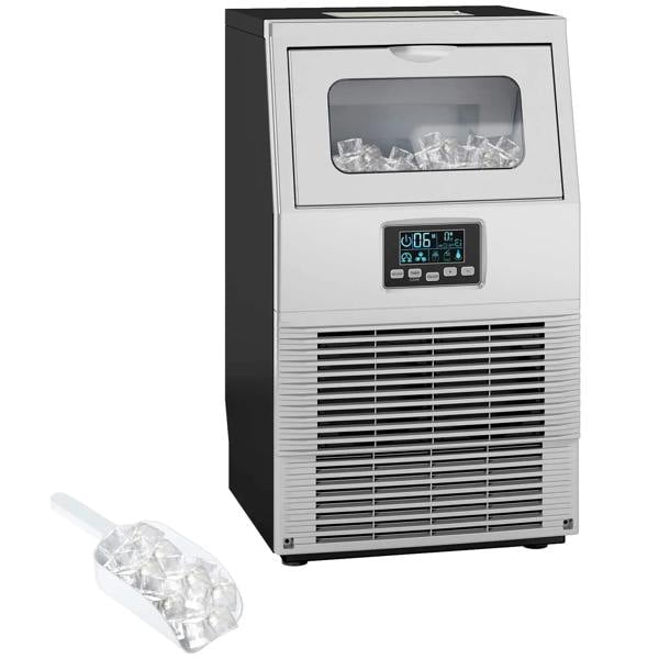 Commercial ice maker in silver with window showing ice and front control panel