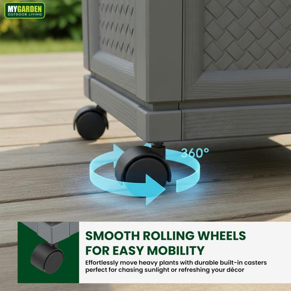 My Garden Outdoor Living My Garden Square Planter with Wheels - Rattan Style Plastic Garden Planter Pot for Indoor & Outdoor Use with Air Vent