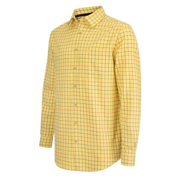 Angled folded view of Hoggs of Fife Governor Tattersall shirt, showing collar, check design and traditional country styling