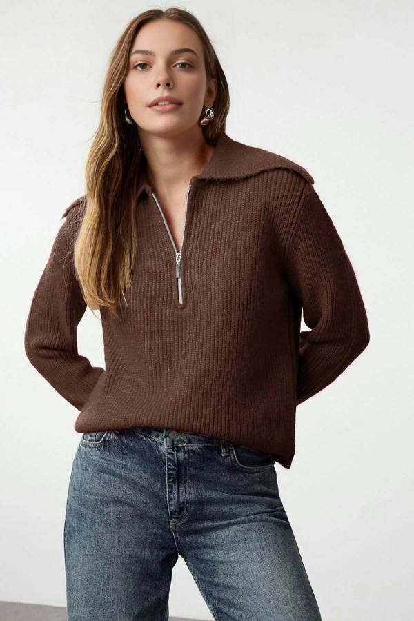 WOVCOR Oversize Polo Collar Knit Sweater with  Zipper Detail