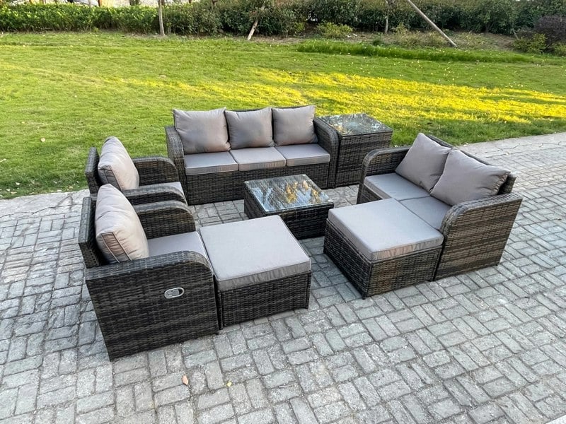 Fimous Rattan Garden Furniture 8 Piece Patio Set Table Sofa Chairs With 2 Big Footstool Side Table