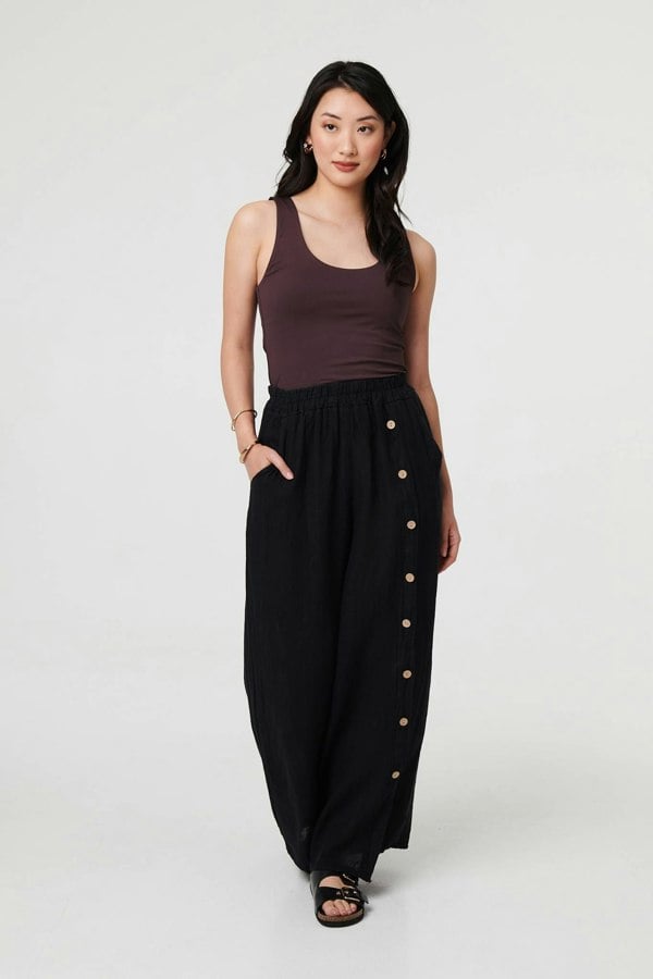 Black | Button Detail Wide High Waist Trousers
