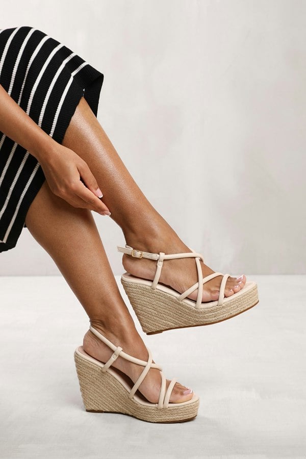 Where's That From Anna Espadrille Wedge Shoes With Buckle Ankle Strap in Cream Faux Leather