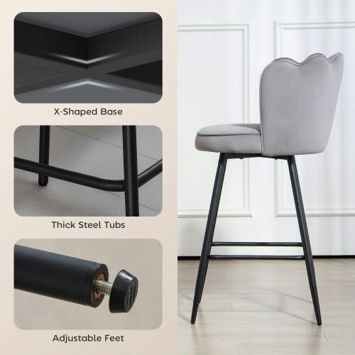 Wyld Haus Ramette Velvet Grey Lotus Style Bar Stools Set Of 2 With Sculpted Seat