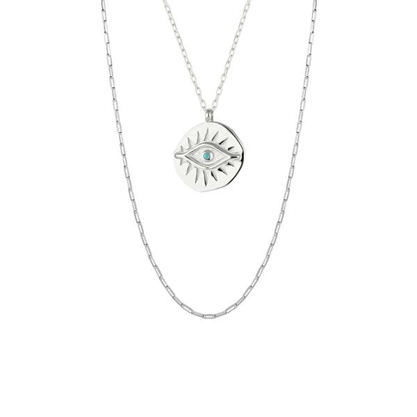 Spero London Eye Coin and Rectangular Chain Sterling Silver Evil Eye Necklace Set
