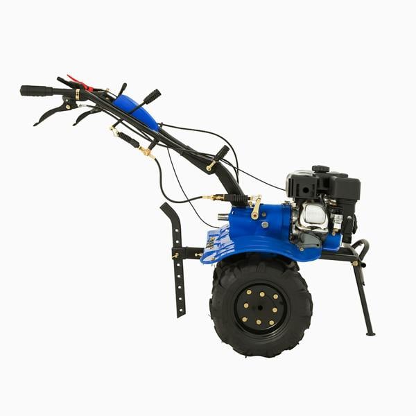 7.5hp petrol rotavator with a blue body, sturdy black wheels, and ergonomic handles, designed for efficient soil tilling and gardening tasks
