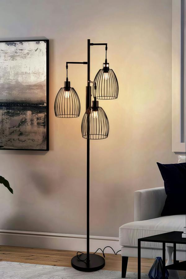 Living and Home Black Modern Industrial Style 3-head Floor Lamp with Irregular Shade