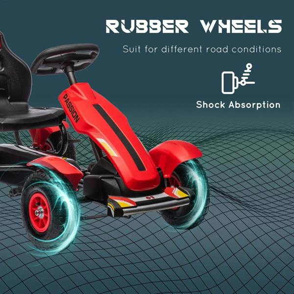 Red kids pedal go-kart with black rubber wheels and red fenders