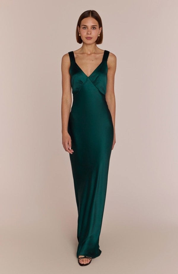 Rewritten London Amelia Dress in Forest Green Satin