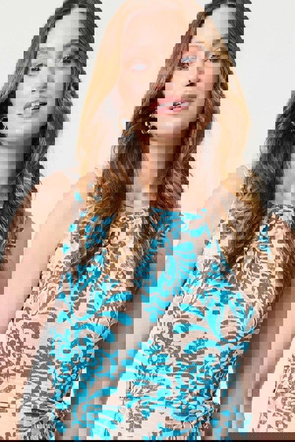 Blue | Printed Tie Waist Knee Length Skater Dress