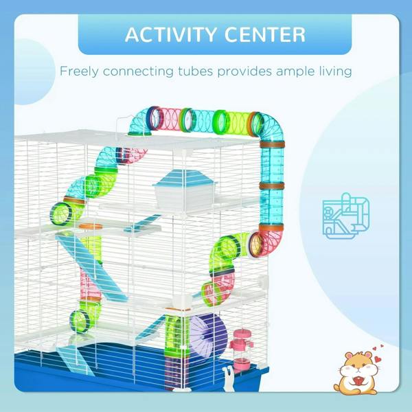 Blue 5-tier hamster cage with connecting tubes, ramps, and exercise wheel