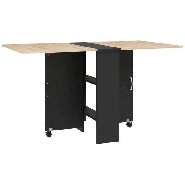 Oak drop-leaf dining table with black base and rolling casters, two-tier shelf sides