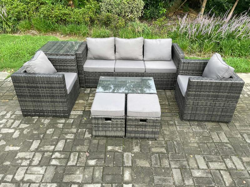 Fimous Rattan Garden Furniture Patio Set, 3 Seater Sofa, Coffee Table, Side Table, 2 Armchairs, 2 Small Footstools, Indoor Outdoor Patio Lounge Sofa