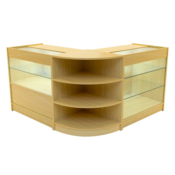 Maple LED shop counter set featuring a modern design with glass display shelves and a sleek, curved shape for retail spaces