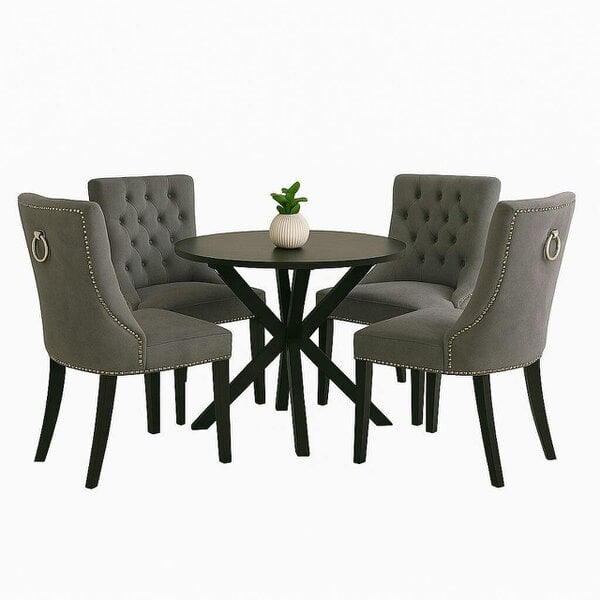 Neo Set of Four Dark Grey Studded Velvet Dining Table Chair with Ring Knocker Detail