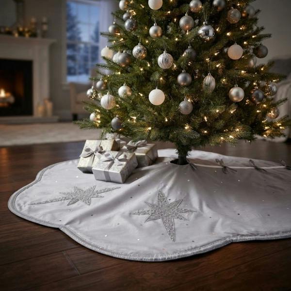 Garden Greatness Hand Embellished Silver Star Christmas Tree Skirt