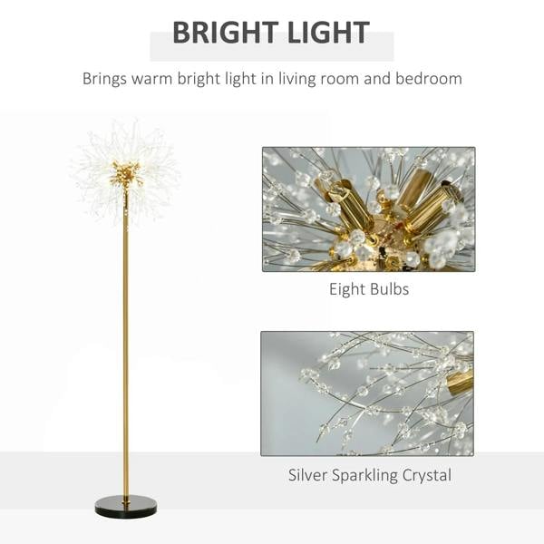 Gold tone dandelion crystal floor lamp with black base shown on product layout