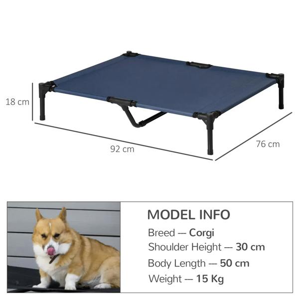 Blue raised pet bed with black metal legs and underside support bar