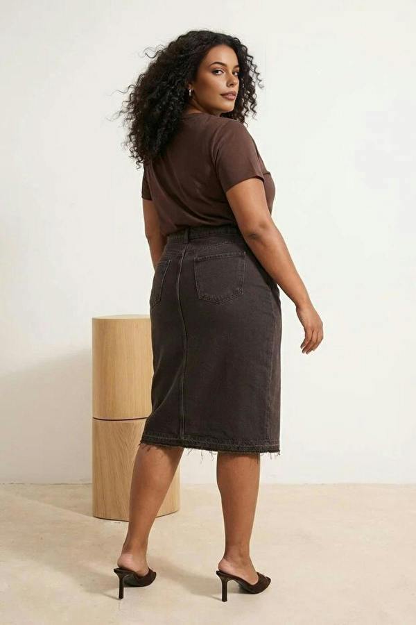 WOVCOR Front Slit Midi Length 100% Cotton Non-Stretch Plus Size Denim Skirt