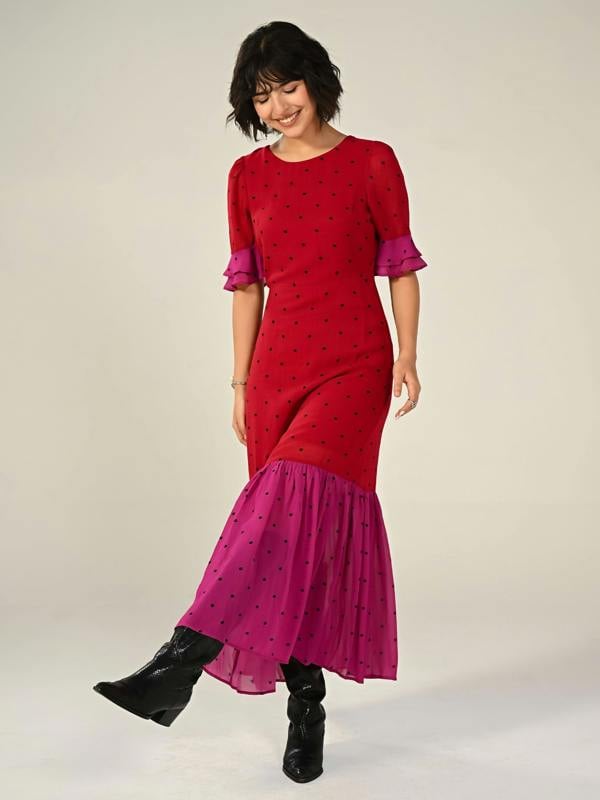Rose & Nancy Saphi Red And Pink Polka Dot Maxi Dress