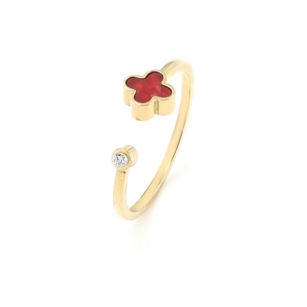 Say It With Cherry Red Crystal Clover Ring - Yellow Gold Plated