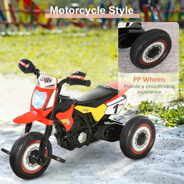 Red and black motorcycle-style tricycle with front headlight and large wheels