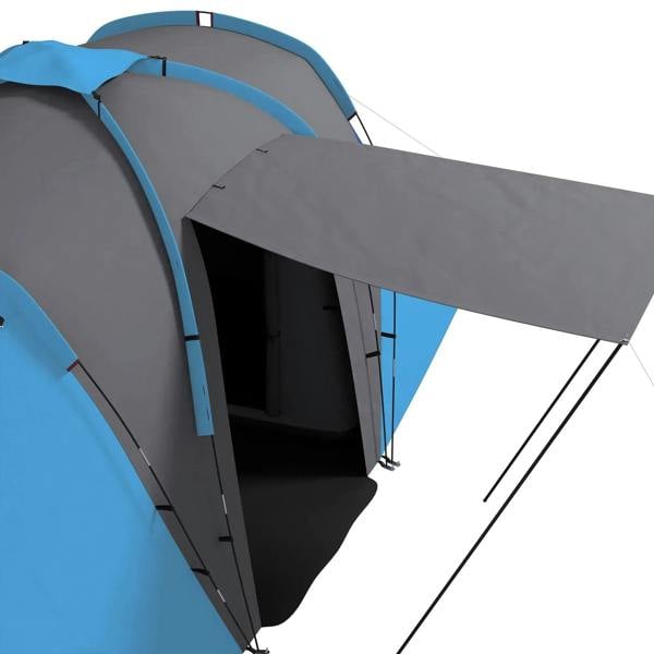 Blue and gray tunnel tent front awning and open doorway detail