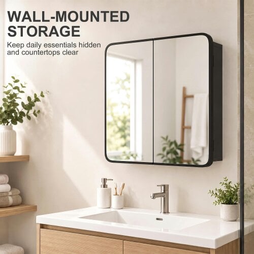HOMCOM Bathroom Medicine Mirror Cabinet, Bathroom Wall Cabinet, Black