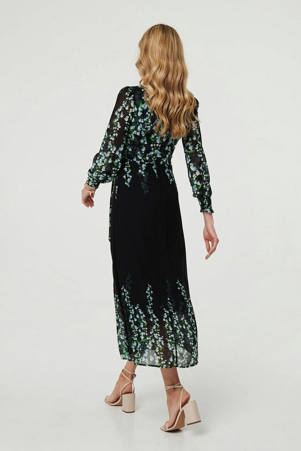 Black | Floral Long Sleeve Chiffon Maxi Dress
