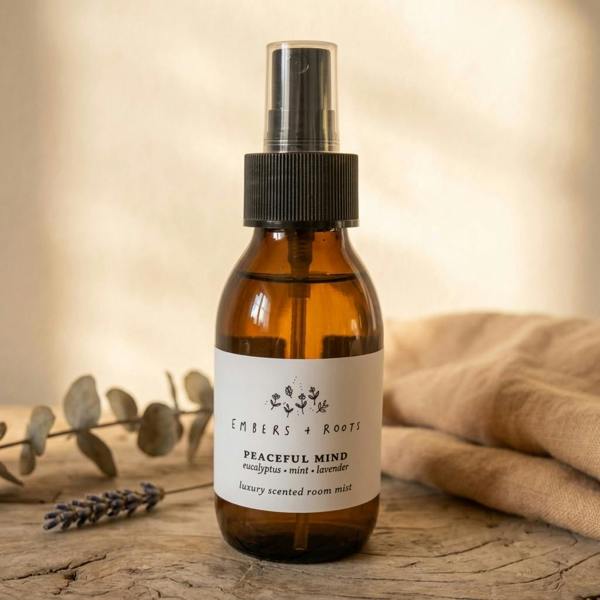 Peaceful Mind luxury scented room mist 100ml amber glass bottle in warm golden natural light with lavender and eucalyptus