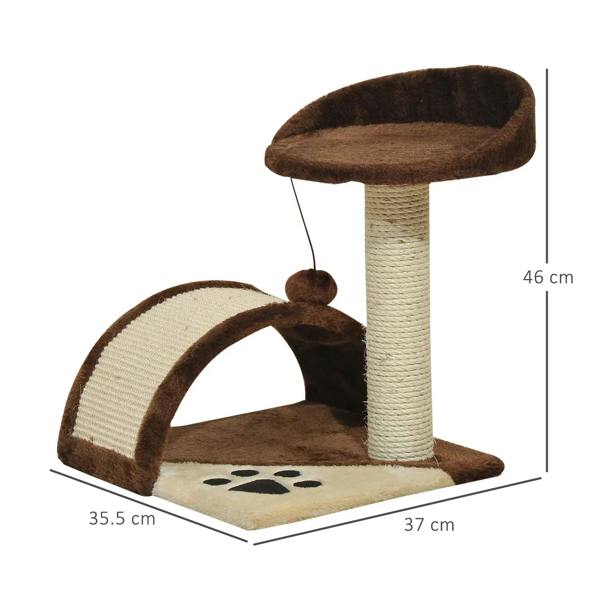 Brown cat tree scratching post kit with round perch, curved scratch arch, and sisal column