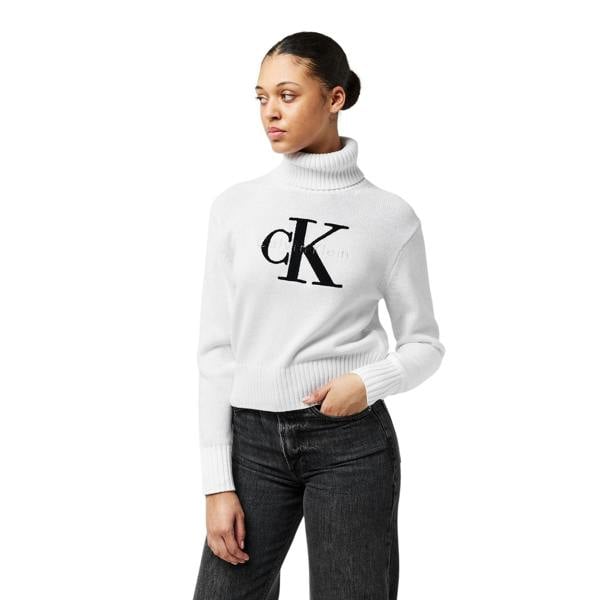 Calvin Klein Womens/Ladies Logo Organic Cotton Slim Turtleneck - Brilliant White - 
