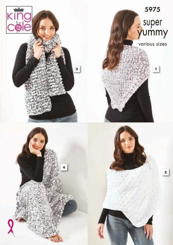 King Cole Super Yummy Knitting Pattern 5975, Shawls, Wraps, Scarves, Blankets for Women, One Size