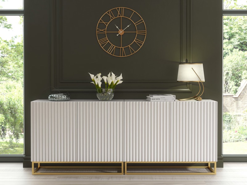 Mex Furniture Sophisticated White Sideboard with Fluted Fronts & Gold Legs – 200cm Storage Unit