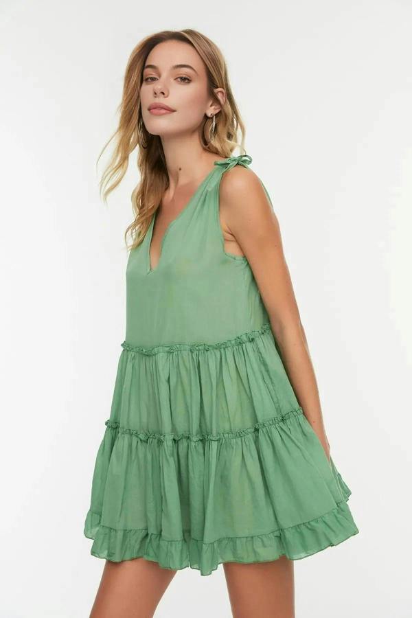 WOVCOR 100% Cotton Woven Ruffled Mini Beach Dress