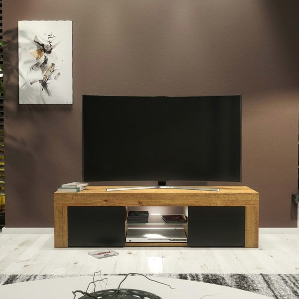 Mex Furniture 130cm Oak TV Unit Sideboard Cabinet with Black Matt Doors and Free LED Lights