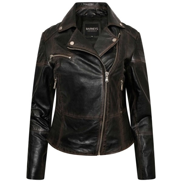 Image displays the Barneys Originals Clara biker jacket in a new, refreshed washed design.