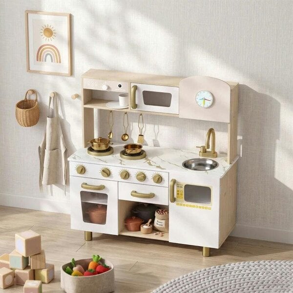 Bobobiy Play Kitchen, Kids Kitchen Playset with Rotating Coffee Machine, Storage Shelf, Stove, Gift for Kids 3-6 Years, White