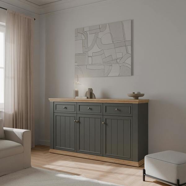 Furniture To Go Pontypool 3 Drawer & 3 Door Sideboard in Grey and Mauvella Oak