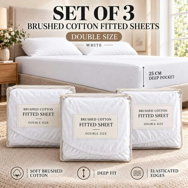 Smart Living 3 Pack Brushed Cotton Fitted Sheets – White - Double (135cm x 190cm) + 25cm Deep