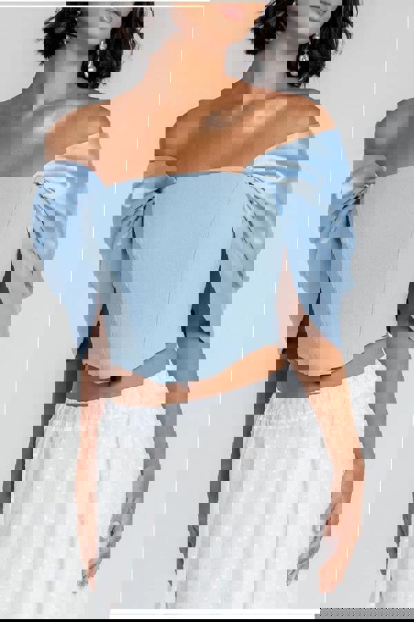 Off Shoulder Back Satin Bow Scuba Corset - Light Blue T225