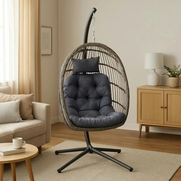 Samuel Alexander Grey Rattan Hanging Egg Chair with Stand & Cushions for Indoor Use
