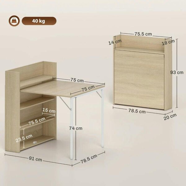 Kitchen Table, Folding Dining Table, with 4-Tier Shelves, Modern Drop-Leaf Table, Oak Wood Effect
