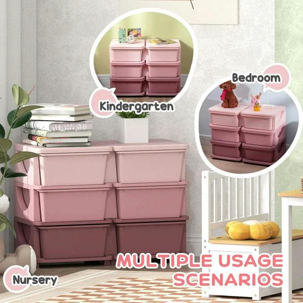 Pink kids six-drawer storage organizer with six bins for nursery or kindergarten use