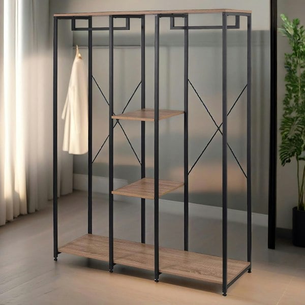 Rafaelo Mobilia Industrial Metal Open Wardrobe With Wooden Shelves