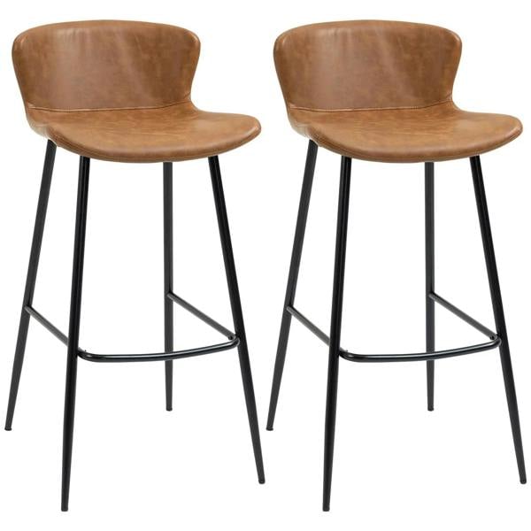Brown PU leather bar stool with curved back, round seat, black steel legs and footrest