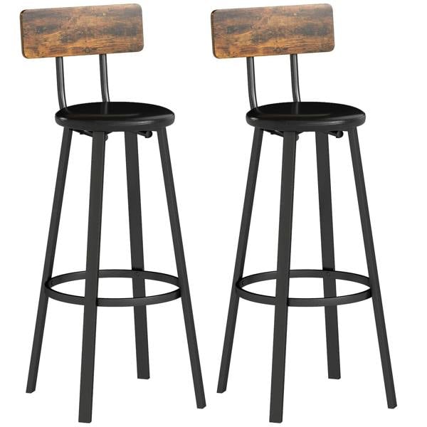 Industrial-style bar stools, set of two, rustic brown wood seats with black frames